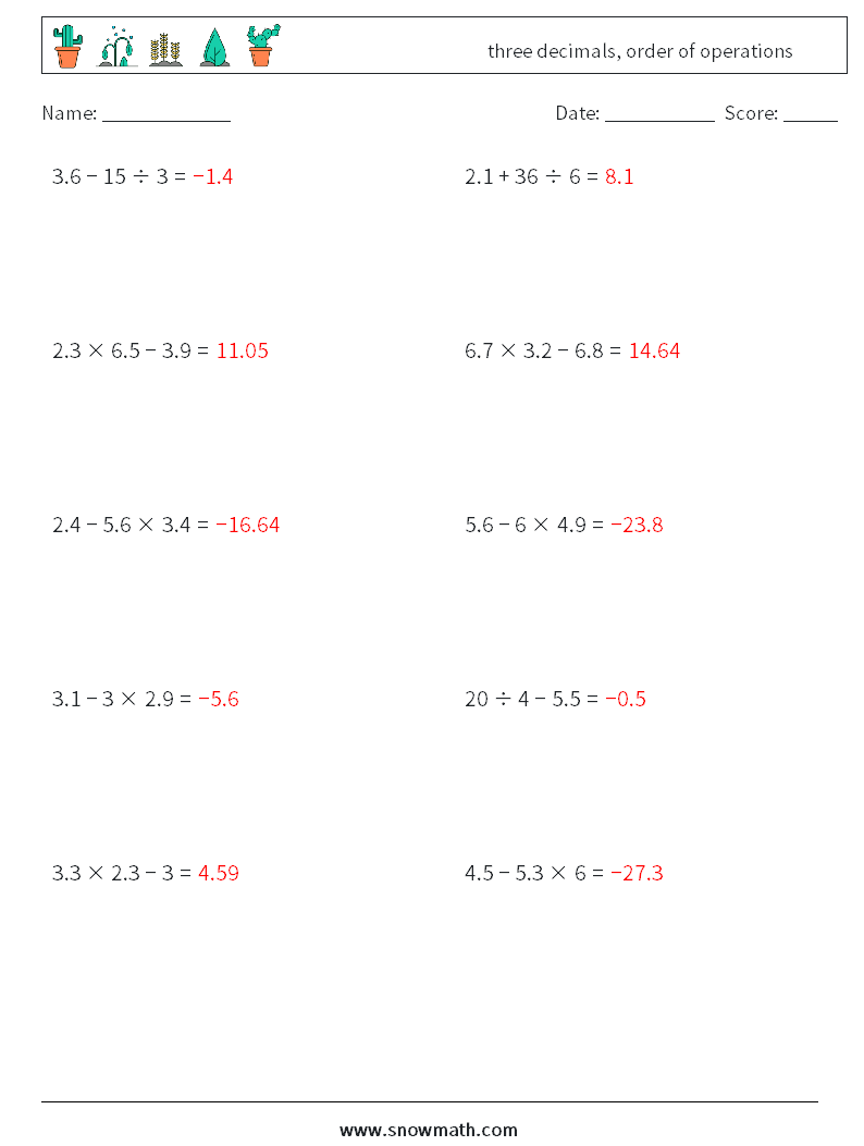 three decimals, order of operations Maths Worksheets 4 Question, Answer