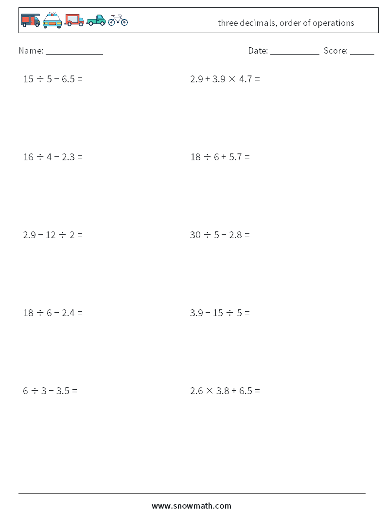 three decimals, order of operations Maths Worksheets 5