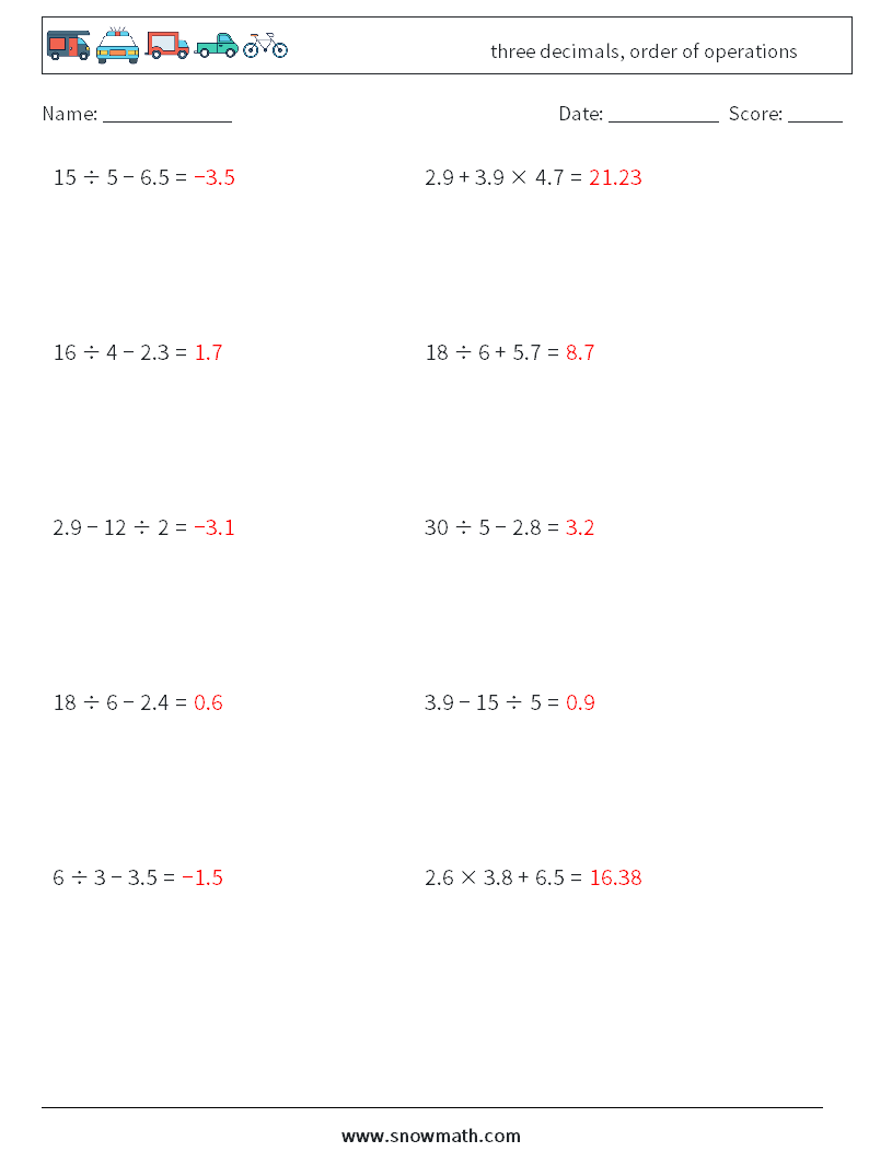 three decimals, order of operations Maths Worksheets 5 Question, Answer