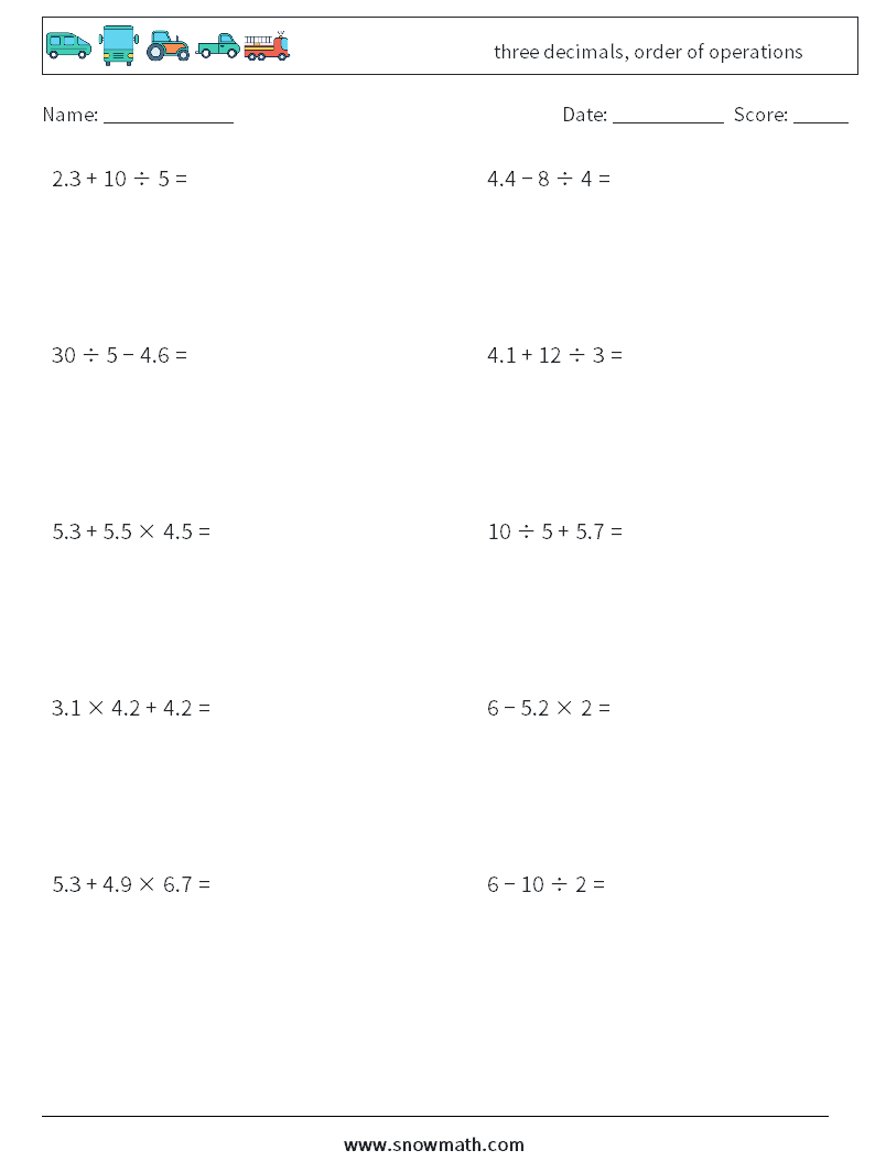 three decimals, order of operations Maths Worksheets 9