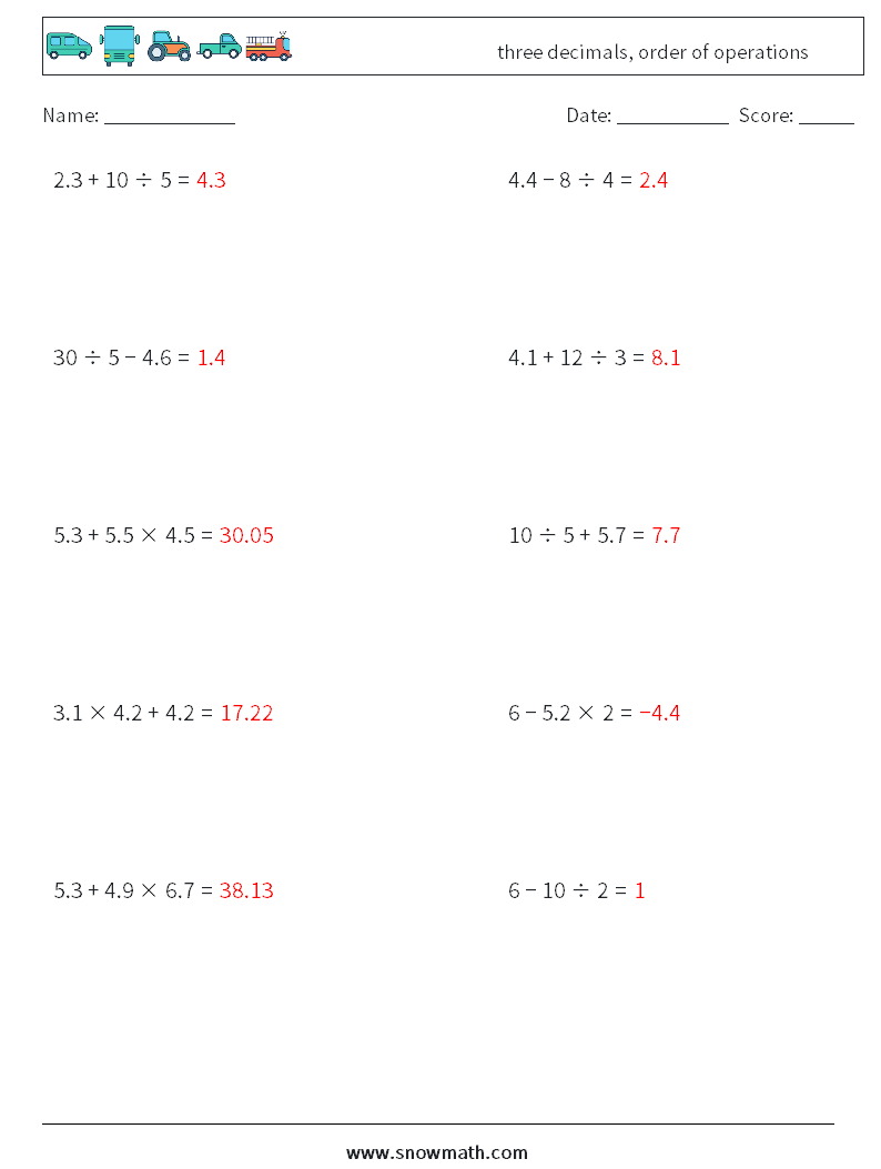 three decimals, order of operations Maths Worksheets 9 Question, Answer