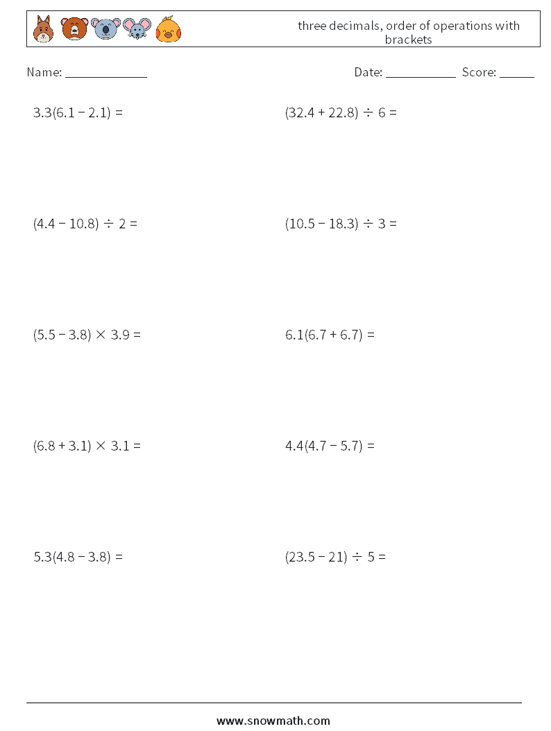 three decimals, order of operations with brackets Maths Worksheets 1