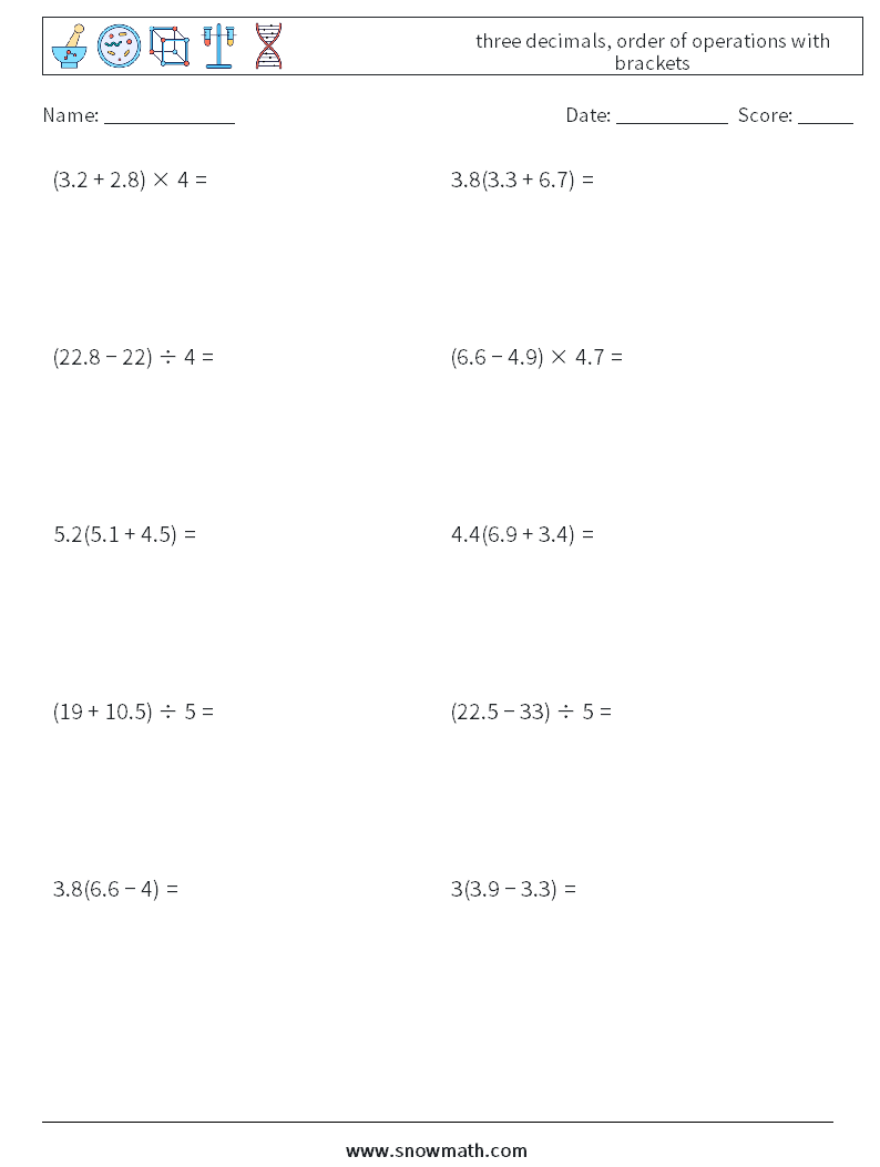 three decimals, order of operations with brackets Maths Worksheets 10