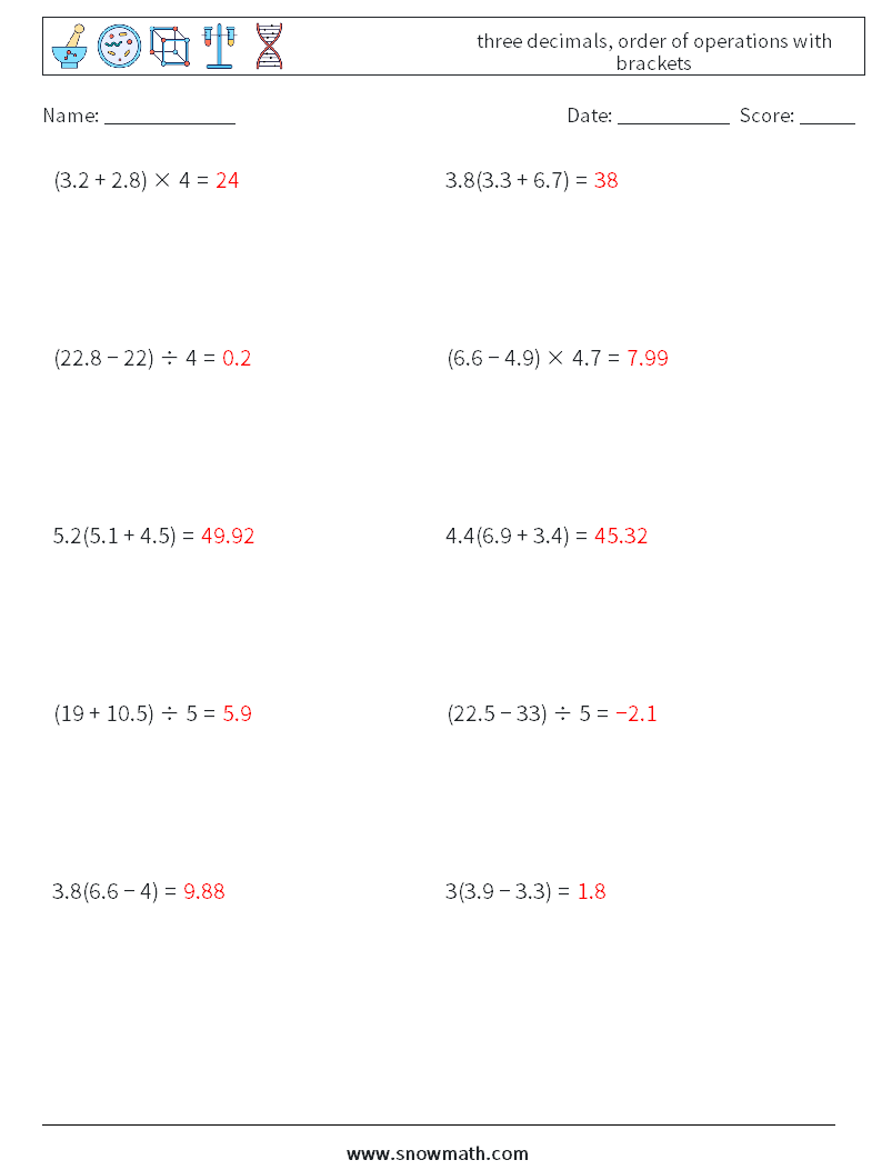 three decimals, order of operations with brackets Maths Worksheets 10 Question, Answer