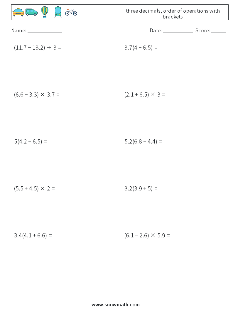 three decimals, order of operations with brackets Maths Worksheets 12