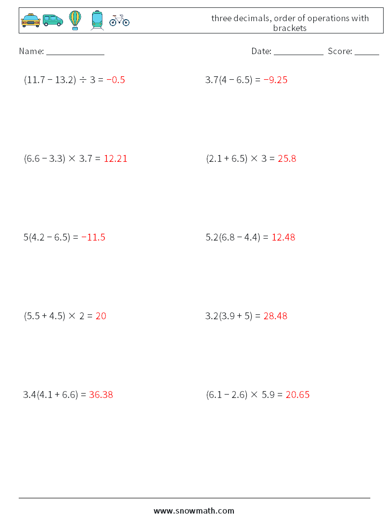 three decimals, order of operations with brackets Maths Worksheets 12 Question, Answer