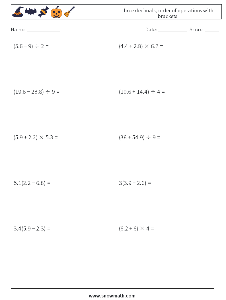 three decimals, order of operations with brackets Maths Worksheets 13