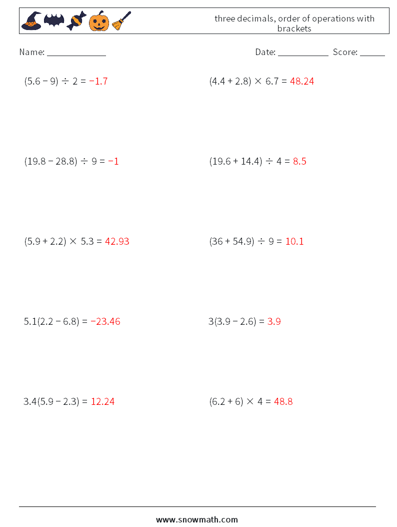 three decimals, order of operations with brackets Maths Worksheets 13 Question, Answer