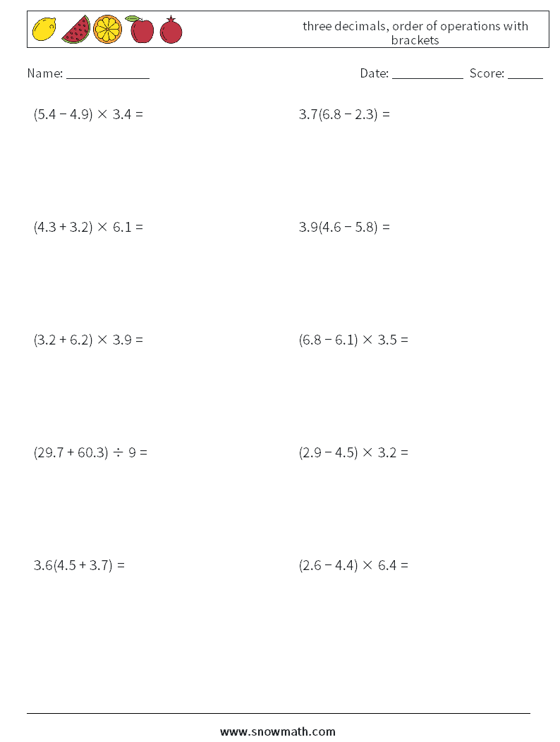 three decimals, order of operations with brackets Maths Worksheets 14