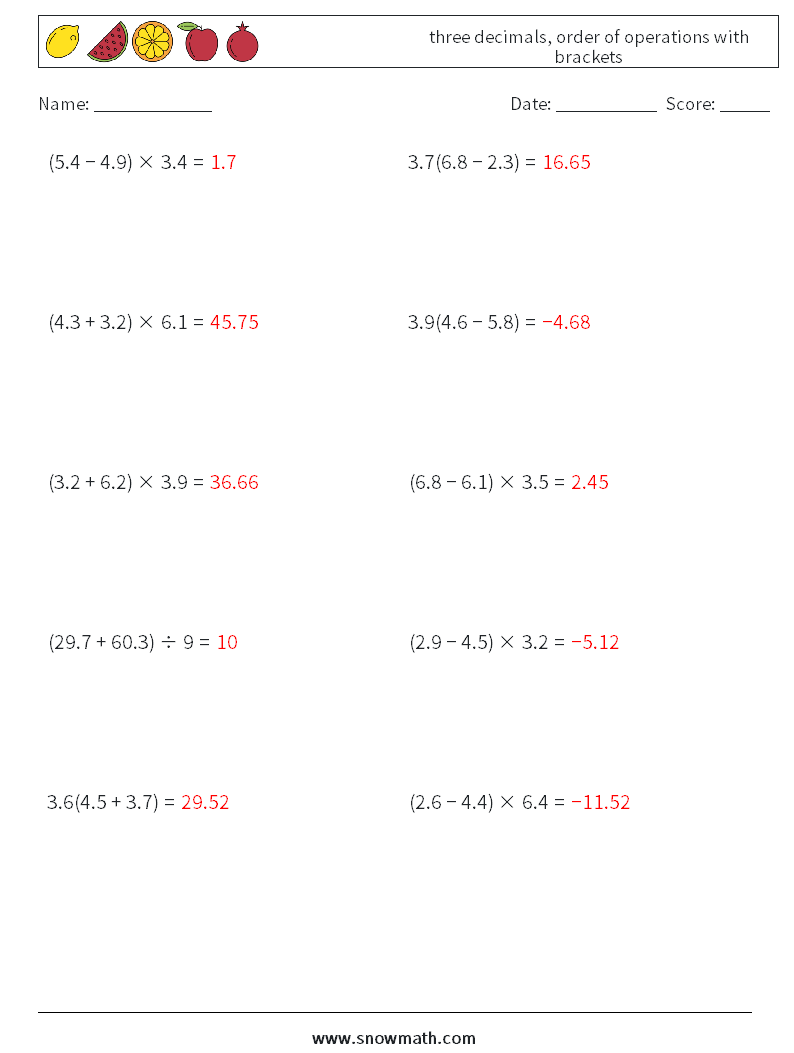 three decimals, order of operations with brackets Maths Worksheets 14 Question, Answer