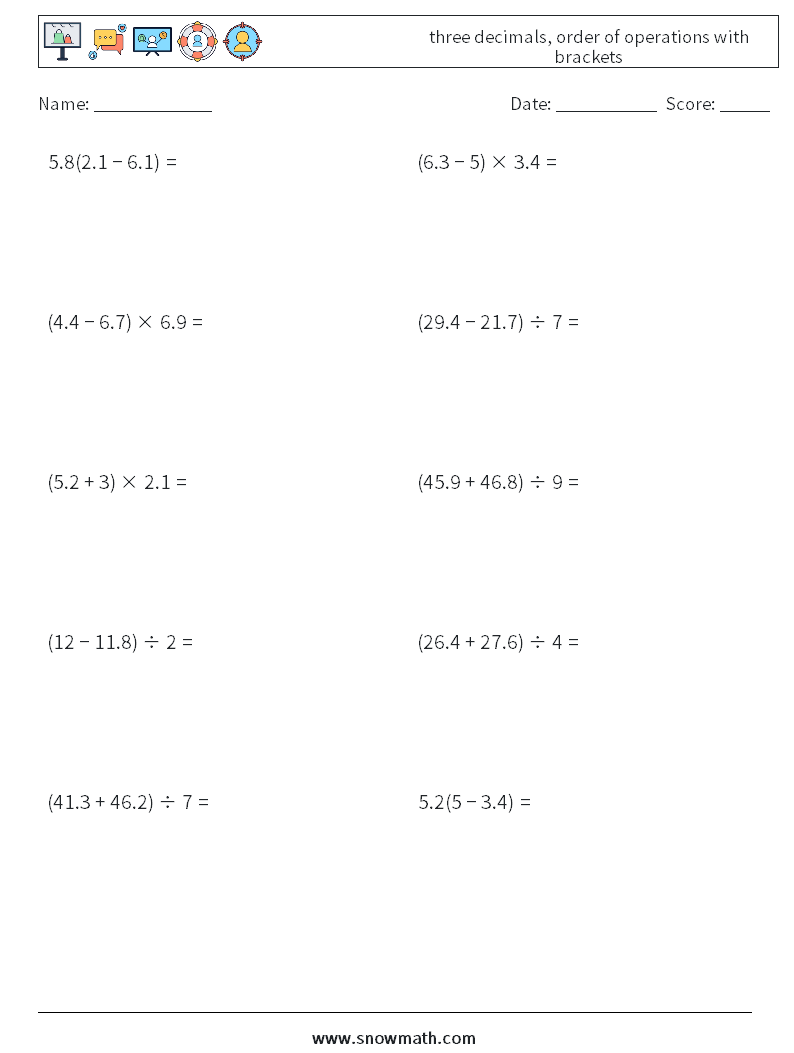 three decimals, order of operations with brackets Maths Worksheets 15