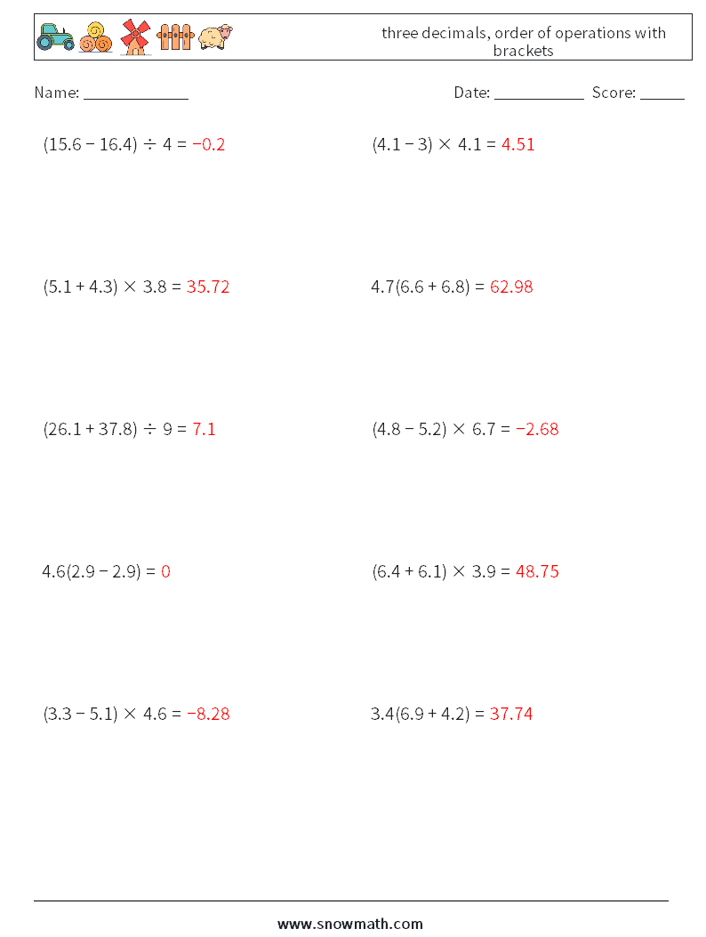 three decimals, order of operations with brackets Maths Worksheets 16 Question, Answer