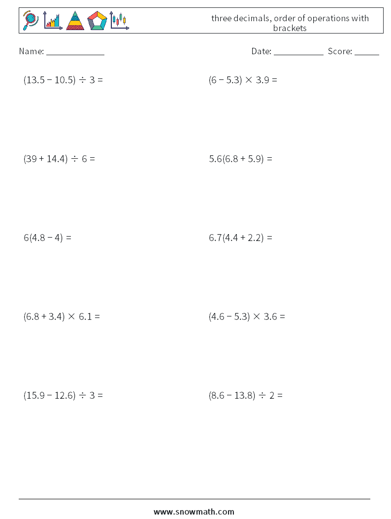 three decimals, order of operations with brackets Maths Worksheets 17