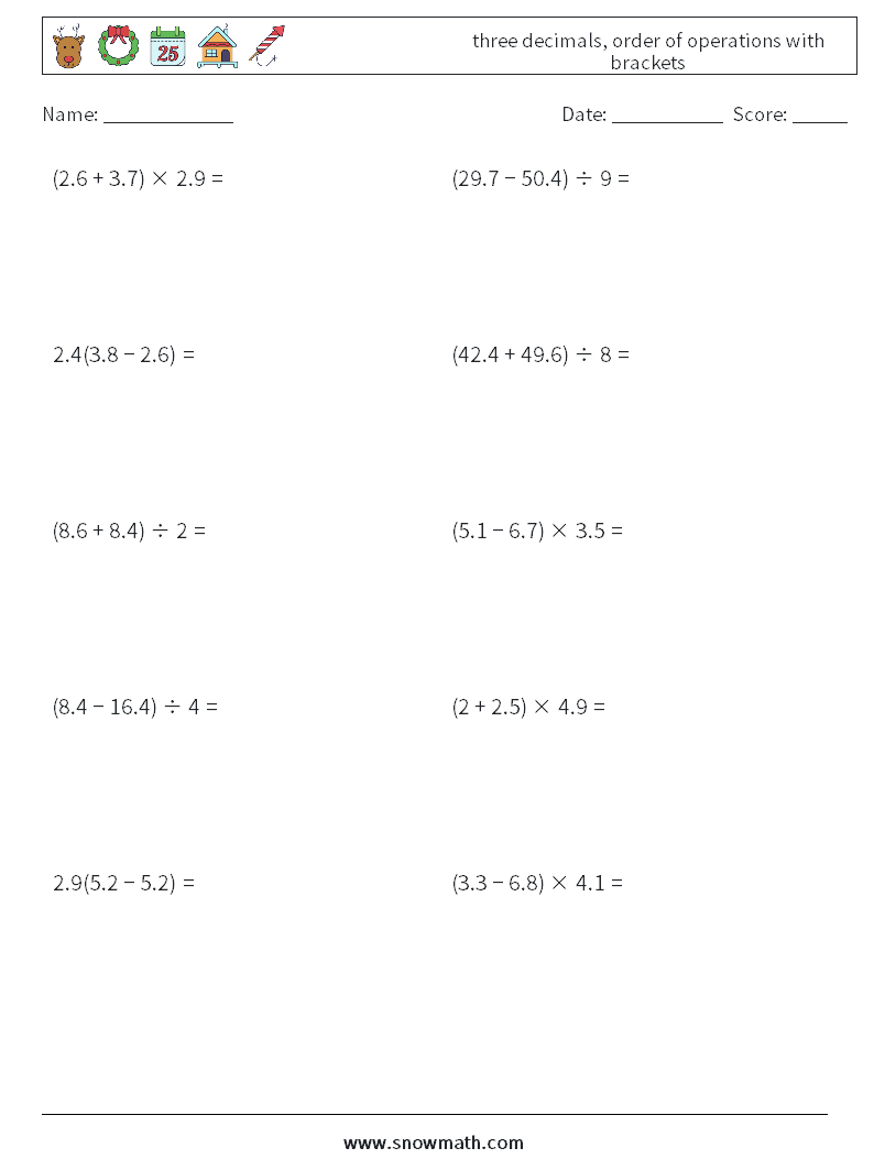 three decimals, order of operations with brackets Maths Worksheets 18