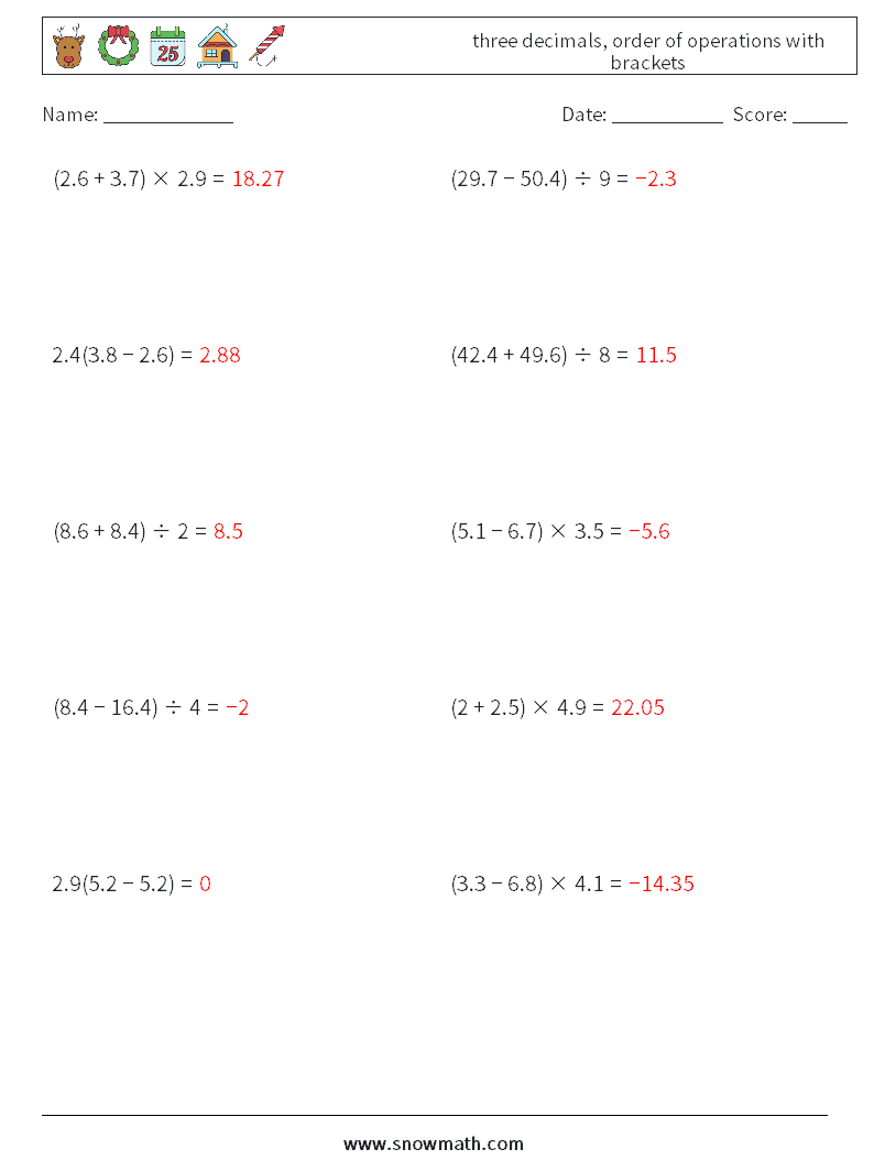 three decimals, order of operations with brackets Maths Worksheets 18 Question, Answer