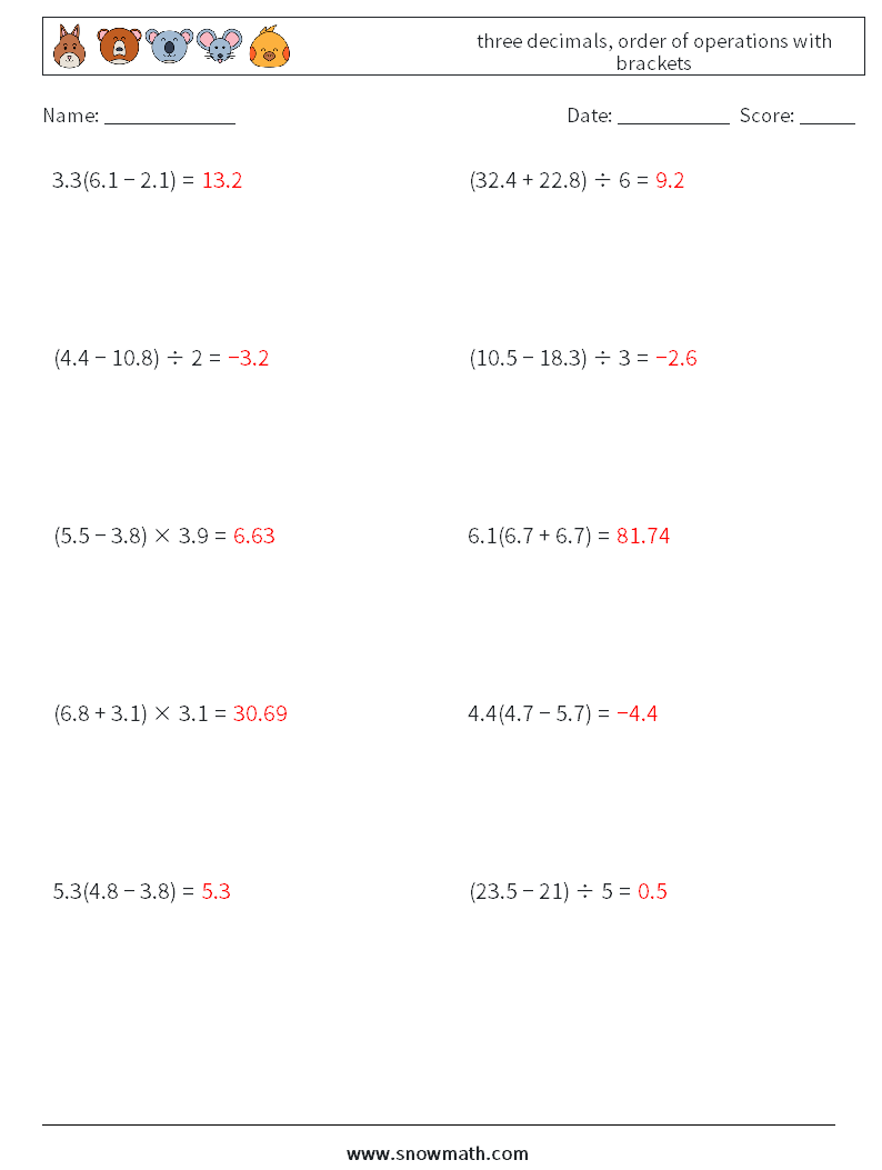 three decimals, order of operations with brackets Maths Worksheets 1 Question, Answer