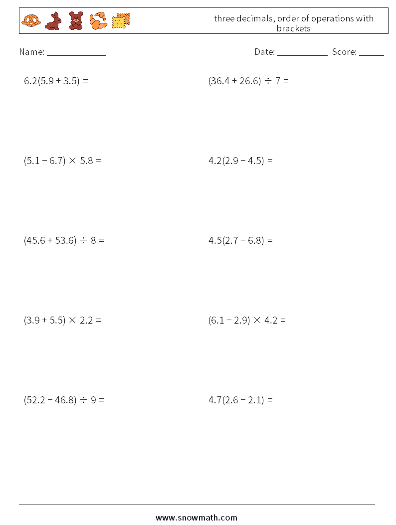three decimals, order of operations with brackets Maths Worksheets 2