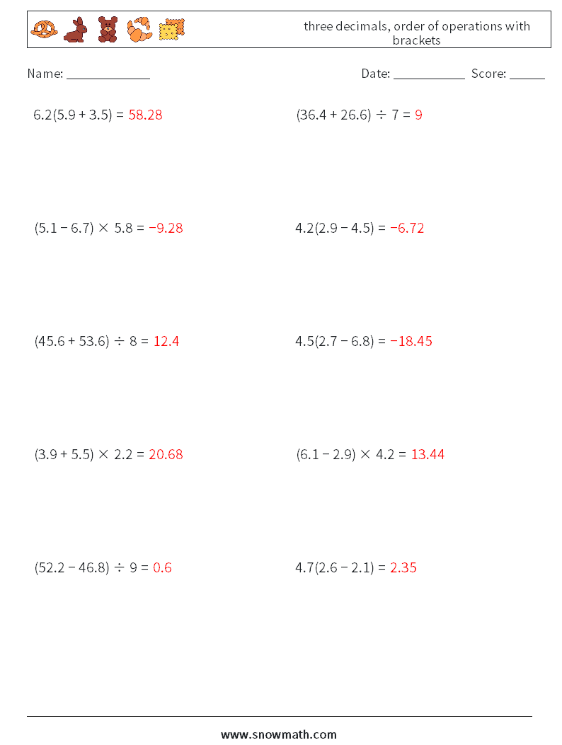 three decimals, order of operations with brackets Maths Worksheets 2 Question, Answer