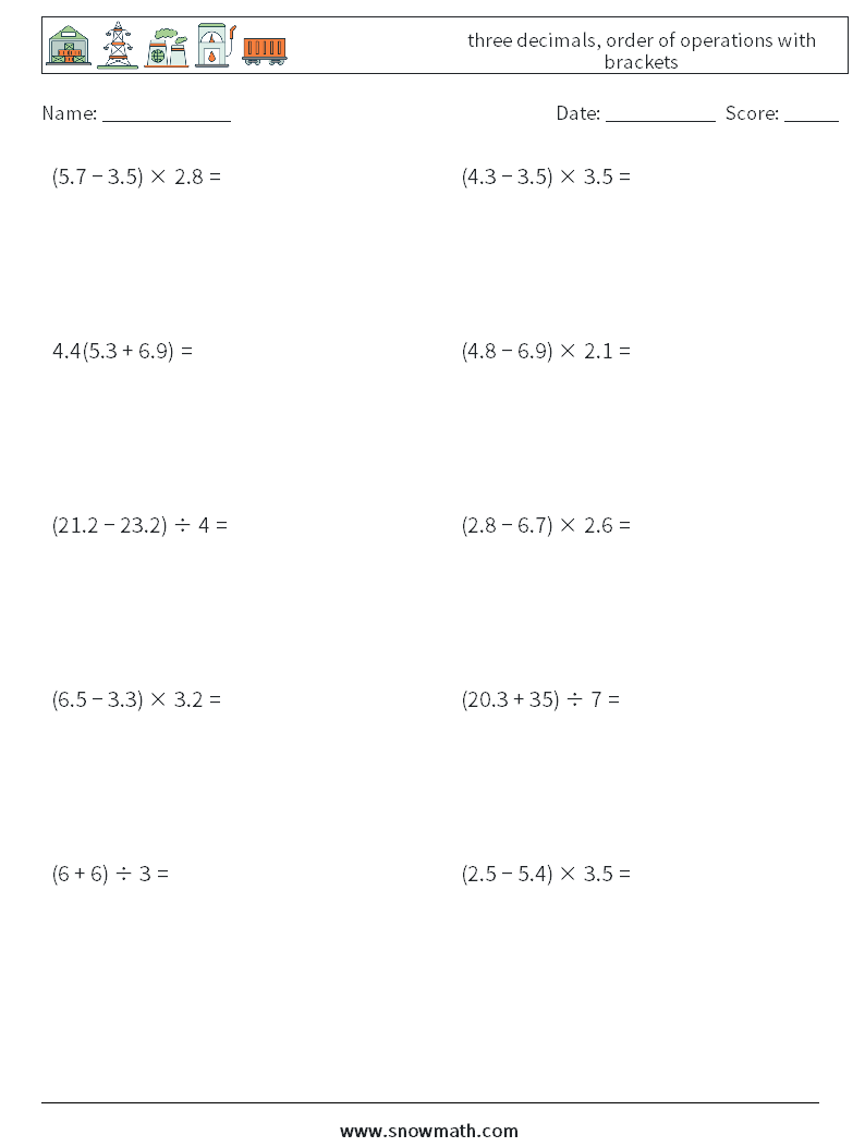 three decimals, order of operations with brackets Maths Worksheets 3