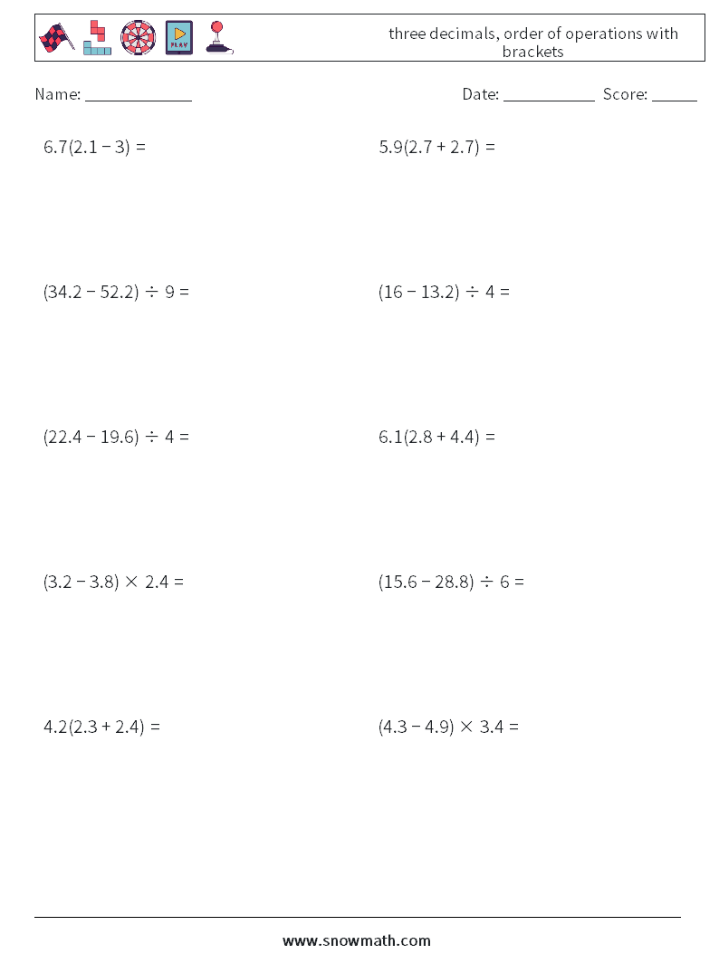 three decimals, order of operations with brackets Maths Worksheets 4