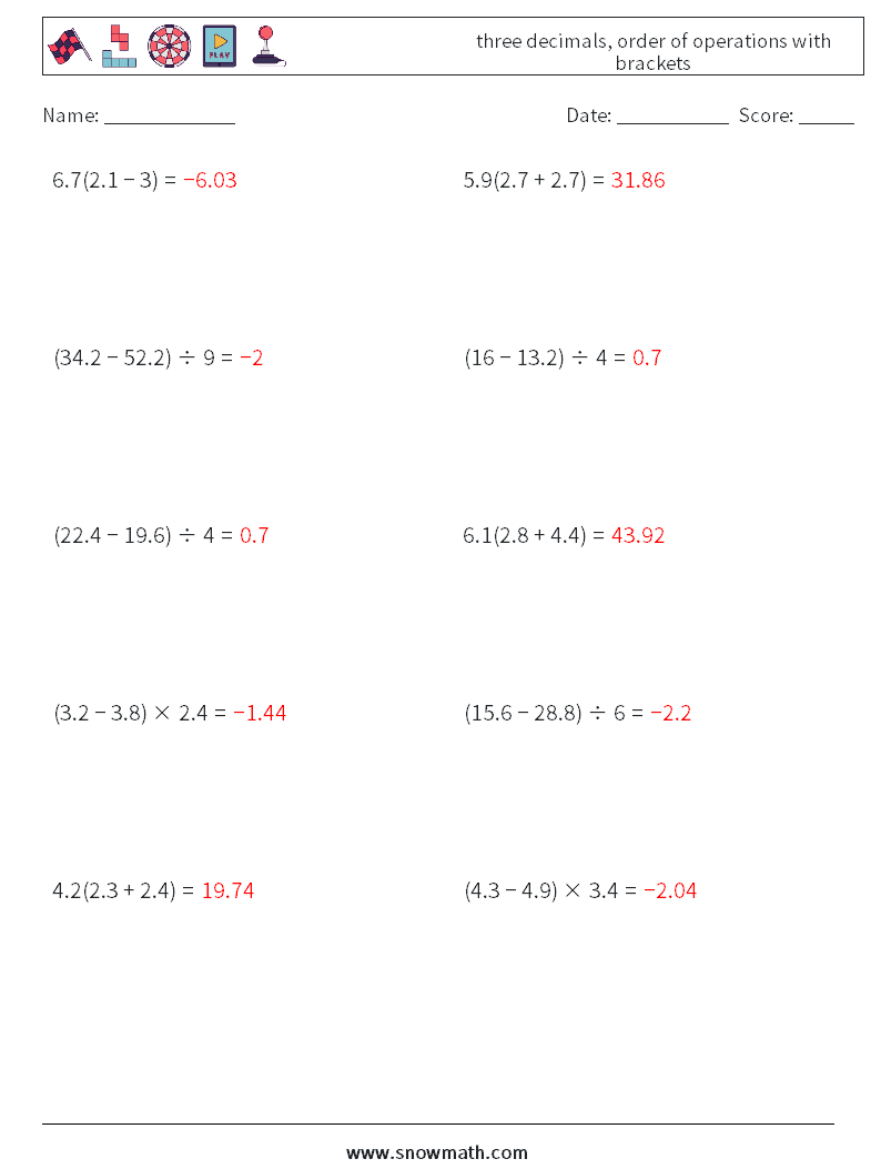 three decimals, order of operations with brackets Maths Worksheets 4 Question, Answer