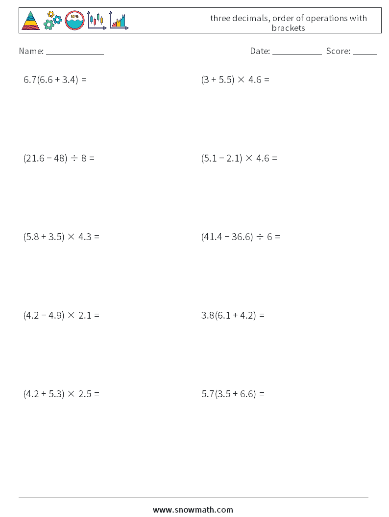 three decimals, order of operations with brackets Maths Worksheets 5