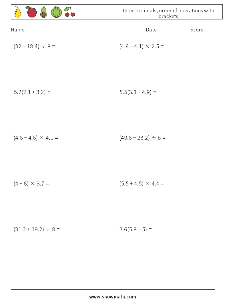 three decimals, order of operations with brackets Maths Worksheets 6