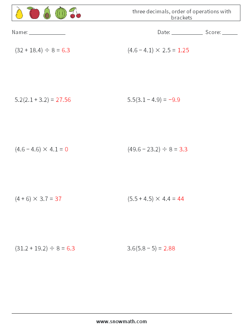 three decimals, order of operations with brackets Maths Worksheets 6 Question, Answer