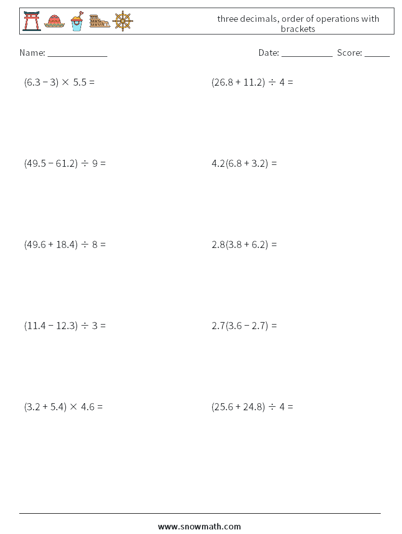 three decimals, order of operations with brackets Maths Worksheets 7