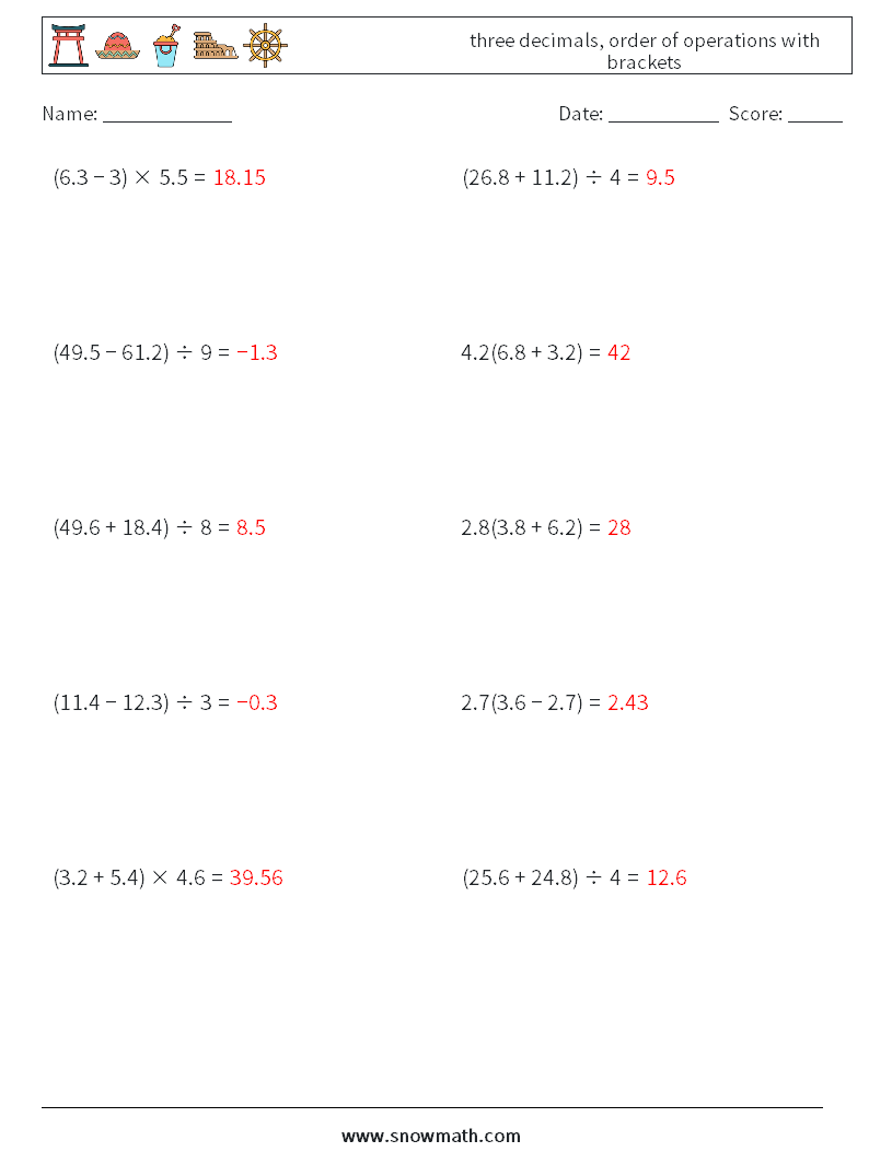 three decimals, order of operations with brackets Maths Worksheets 7 Question, Answer