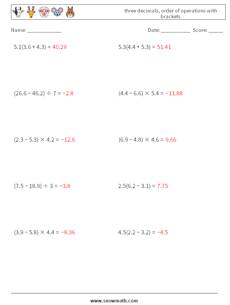 three decimals, order of operations with brackets Maths Worksheets 8 Question, Answer