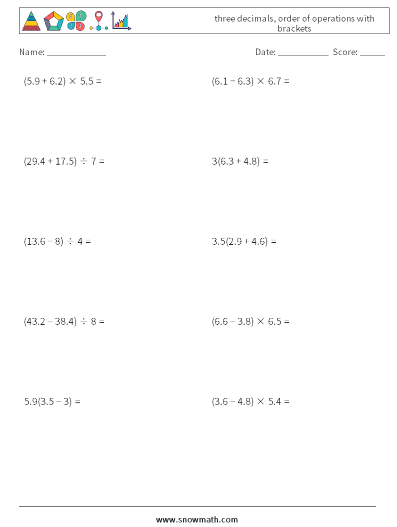 three decimals, order of operations with brackets Maths Worksheets 9