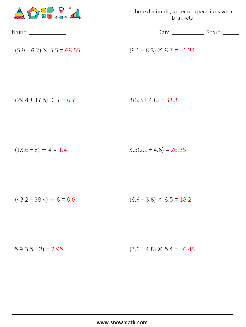 three decimals, order of operations with brackets Maths Worksheets 9 Question, Answer