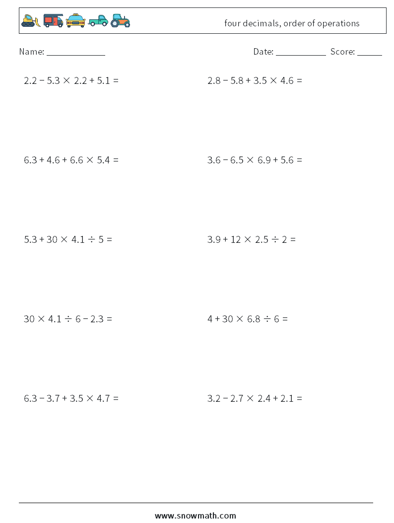 four decimals, order of operations Maths Worksheets 10