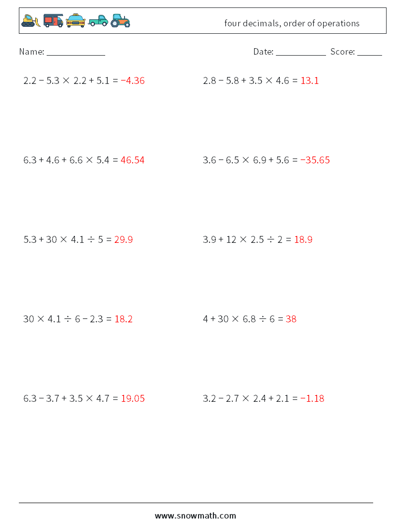 four decimals, order of operations Maths Worksheets 10 Question, Answer