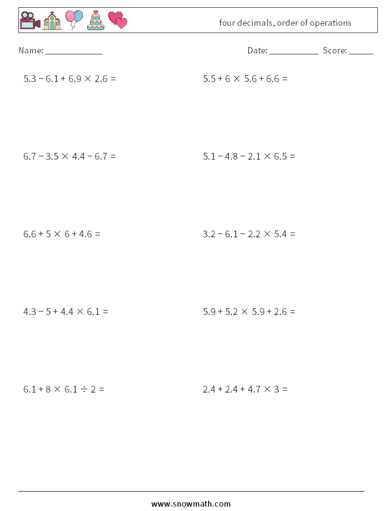 four decimals, order of operations Maths Worksheets 12
