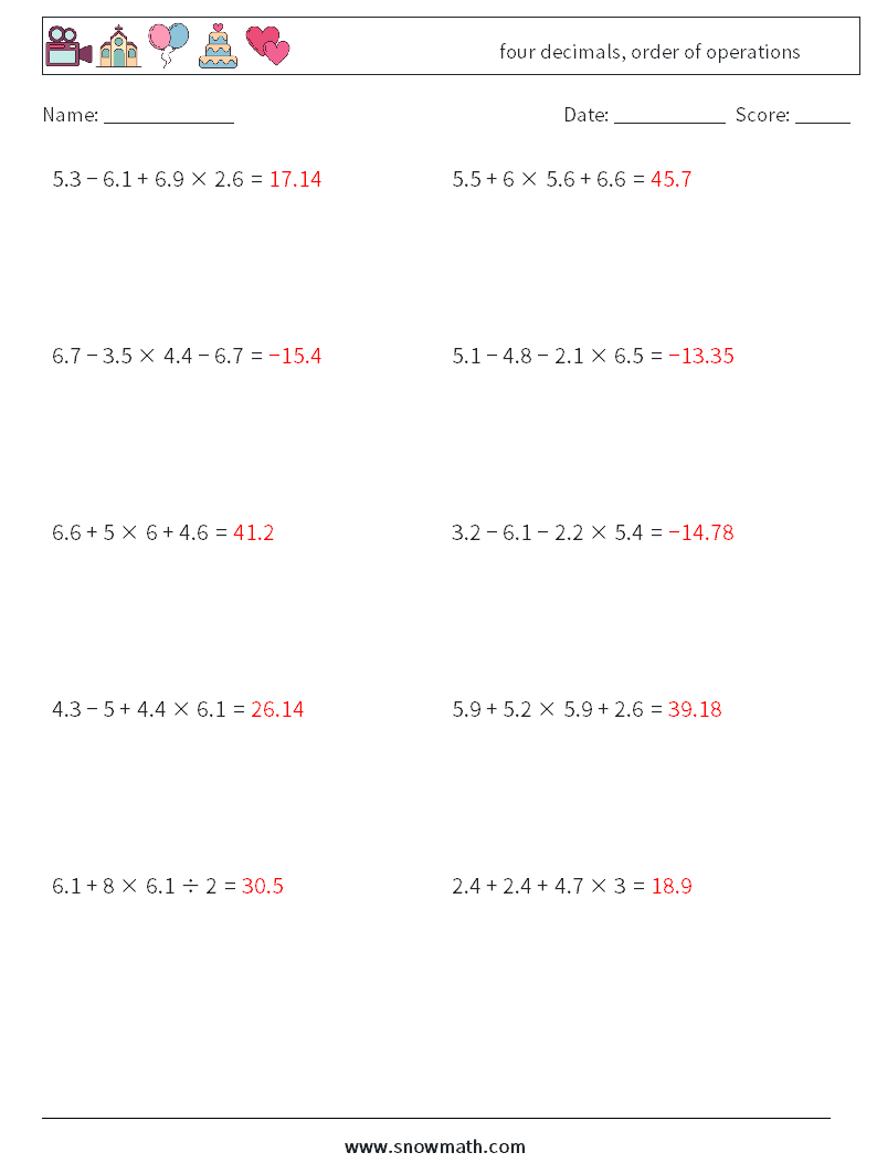 four decimals, order of operations Maths Worksheets 12 Question, Answer