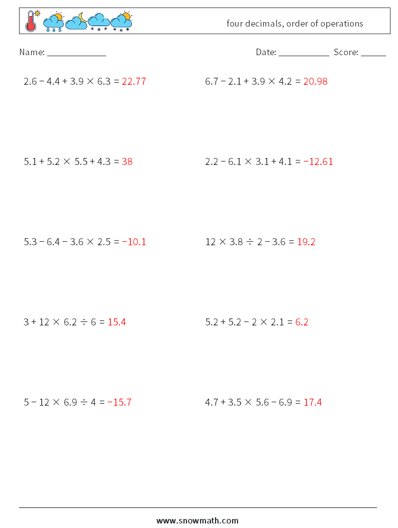 four decimals, order of operations Maths Worksheets 14 Question, Answer