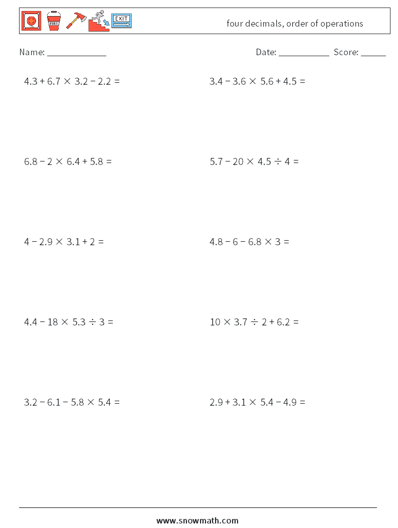 four decimals, order of operations Maths Worksheets 15