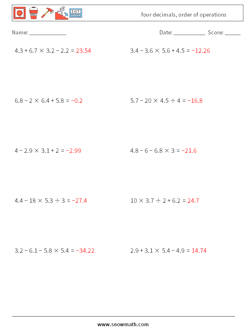 four decimals, order of operations Maths Worksheets 15 Question, Answer