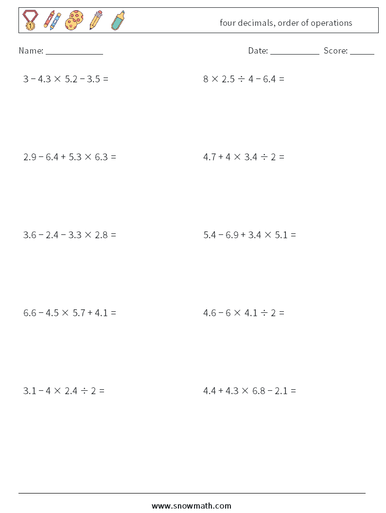 four decimals, order of operations Maths Worksheets 17