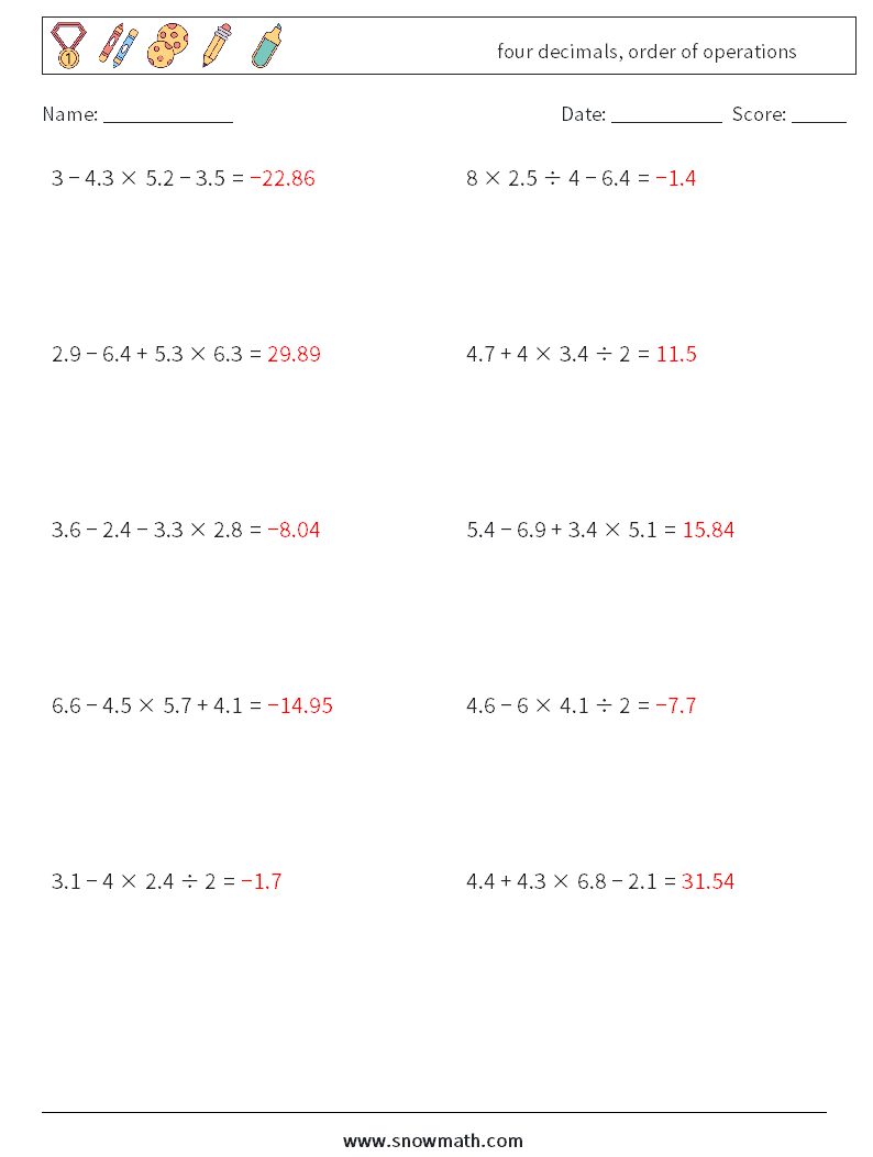 four decimals, order of operations Maths Worksheets 17 Question, Answer