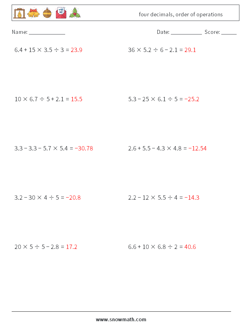 four decimals, order of operations Maths Worksheets 1 Question, Answer