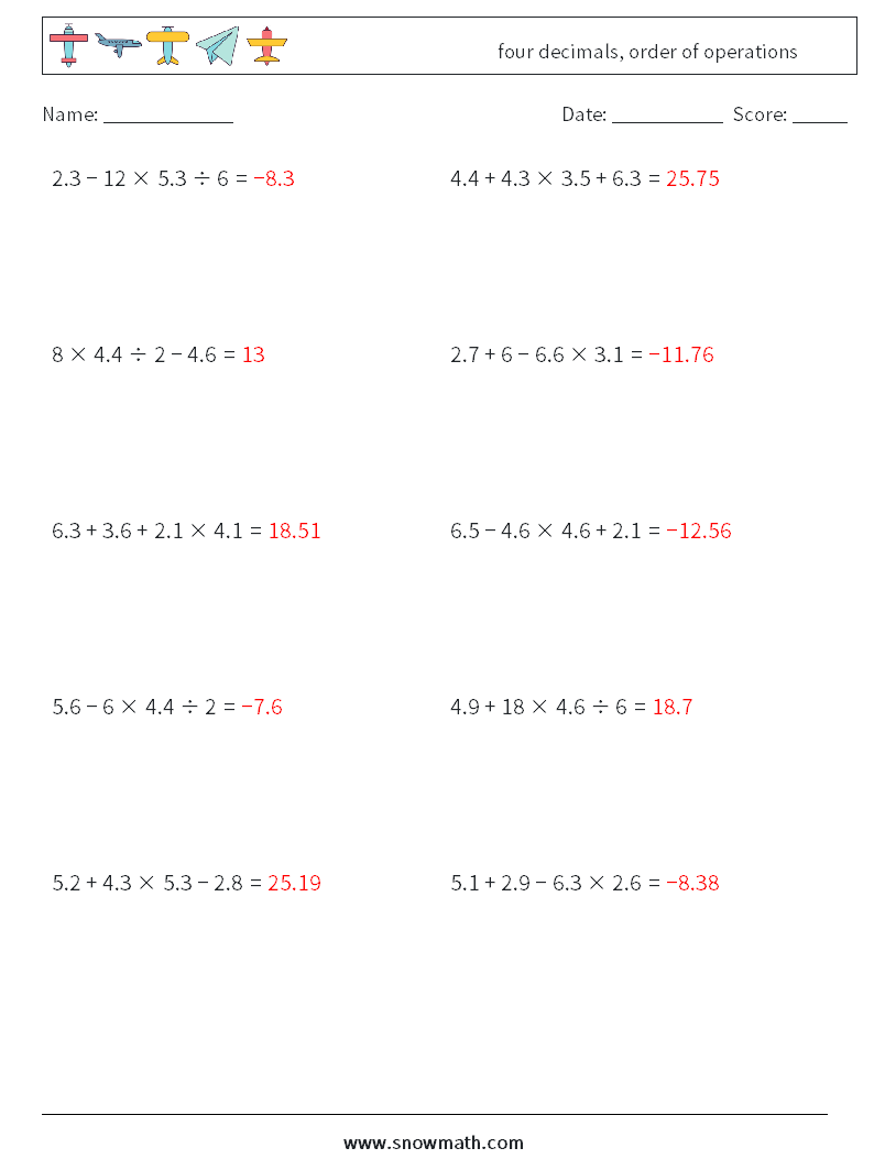 four decimals, order of operations Maths Worksheets 2 Question, Answer