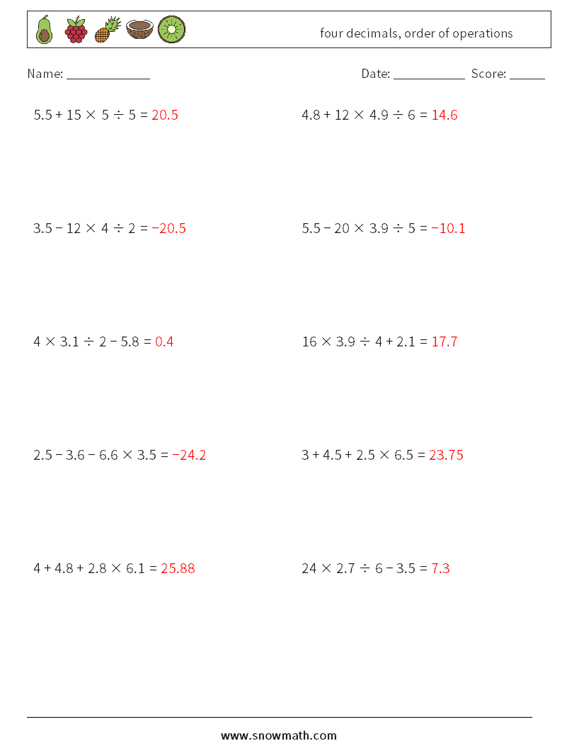 four decimals, order of operations Maths Worksheets 3 Question, Answer