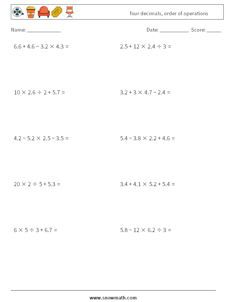 four decimals, order of operations Maths Worksheets 4