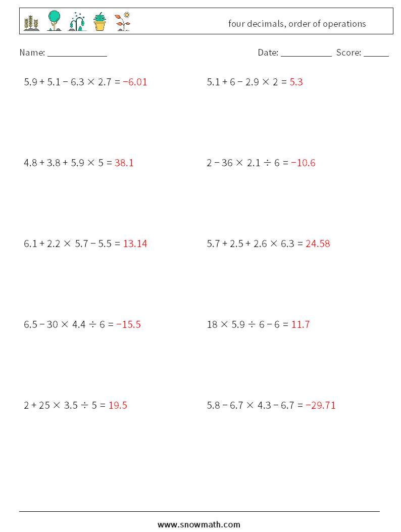 four decimals, order of operations Maths Worksheets 5 Question, Answer