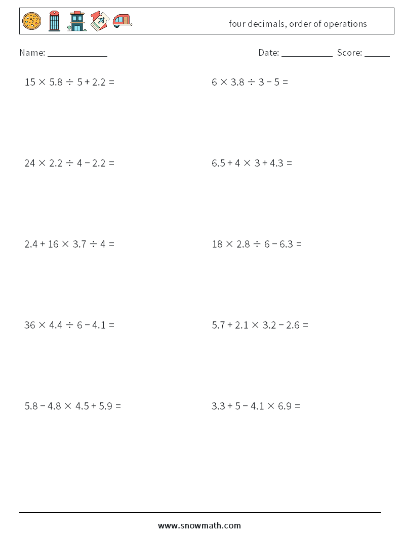 four decimals, order of operations Maths Worksheets 7