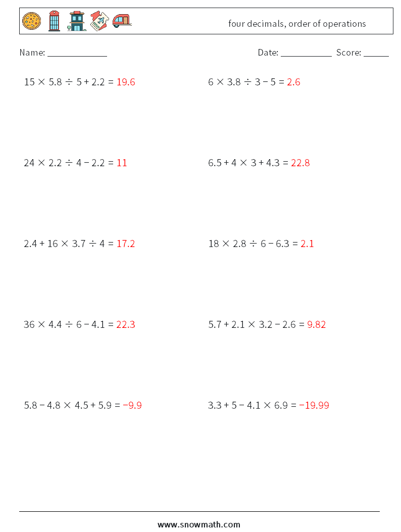 four decimals, order of operations Maths Worksheets 7 Question, Answer