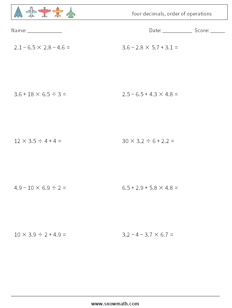 four decimals, order of operations Maths Worksheets 9